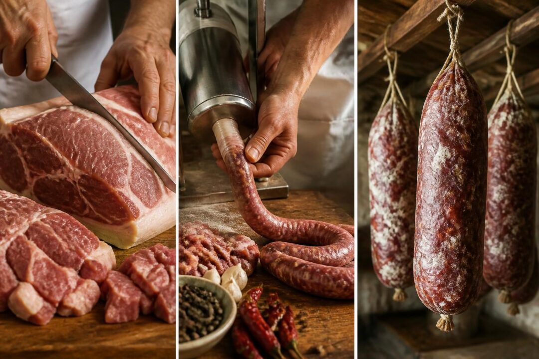 scopri la ricetta autentica della soppressata calabrese: tecniche di taglio, metodi di insaccatura e segreti per una perfetta stagionatura.