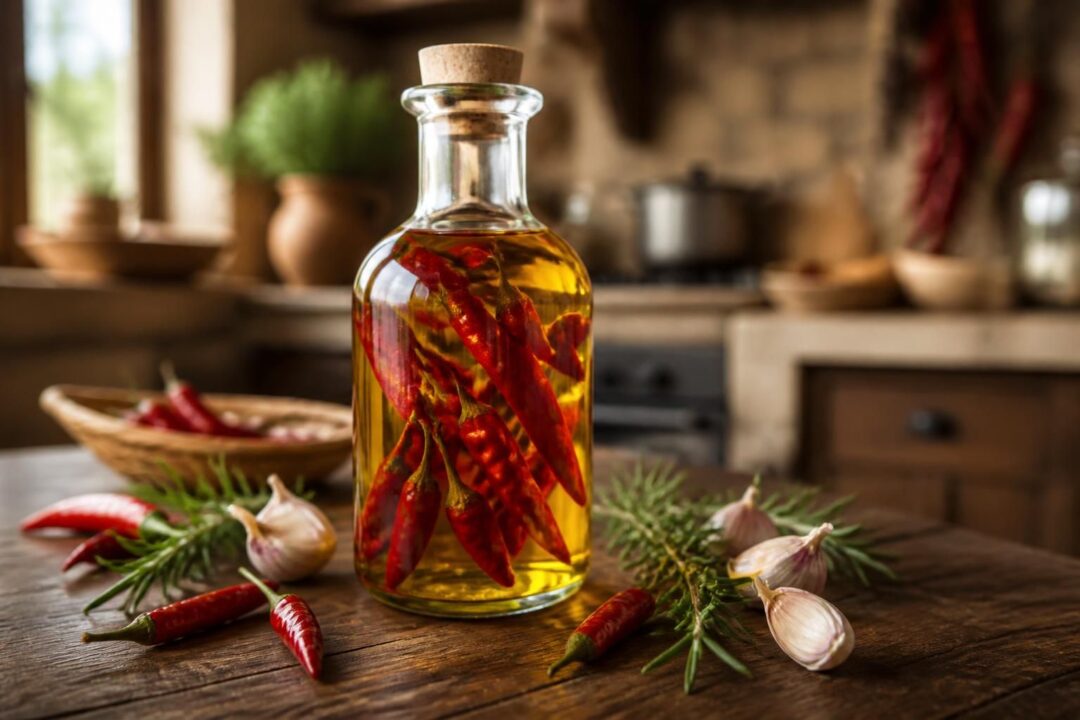 scopri la ricetta tradizionale calabrese per preparare l'olio al peperoncino con infusione a freddo, garantendo un sapore intenso e una lunga durata.