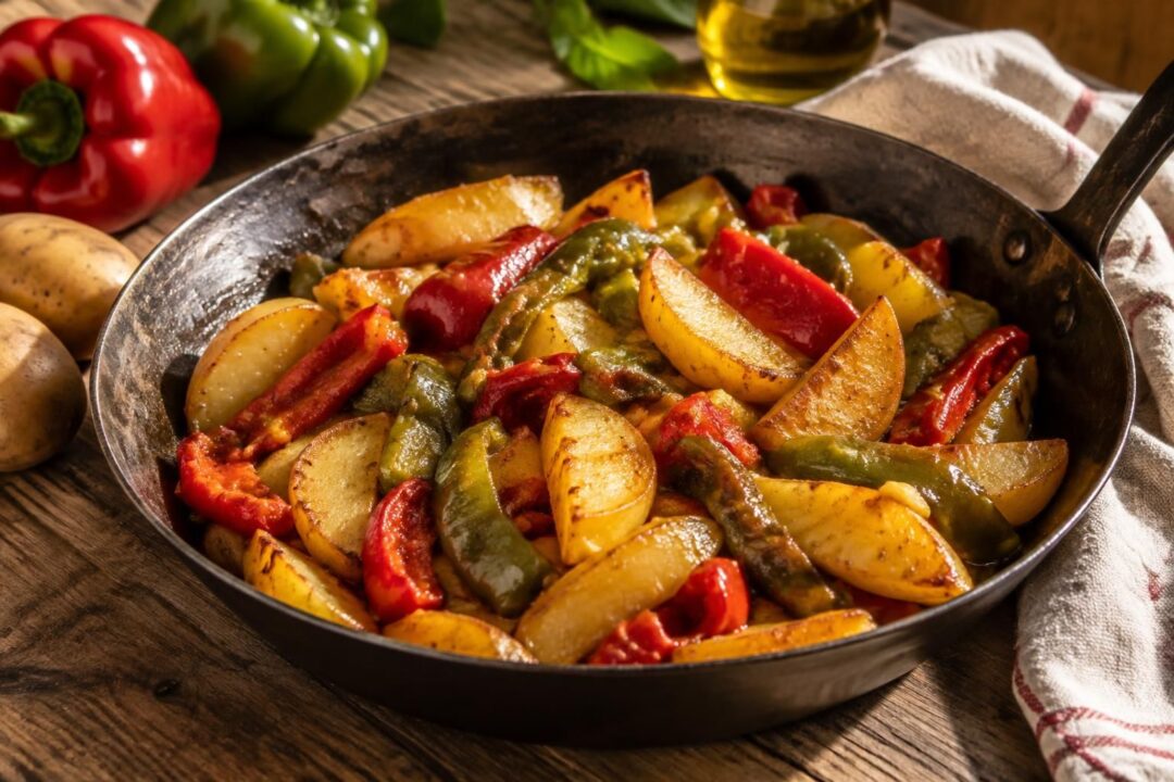 scopri la ricetta dei pipi e patate calabresi, il saporito piatto contadino della piana: pochi ingredienti, gusto autentico e tradizione.