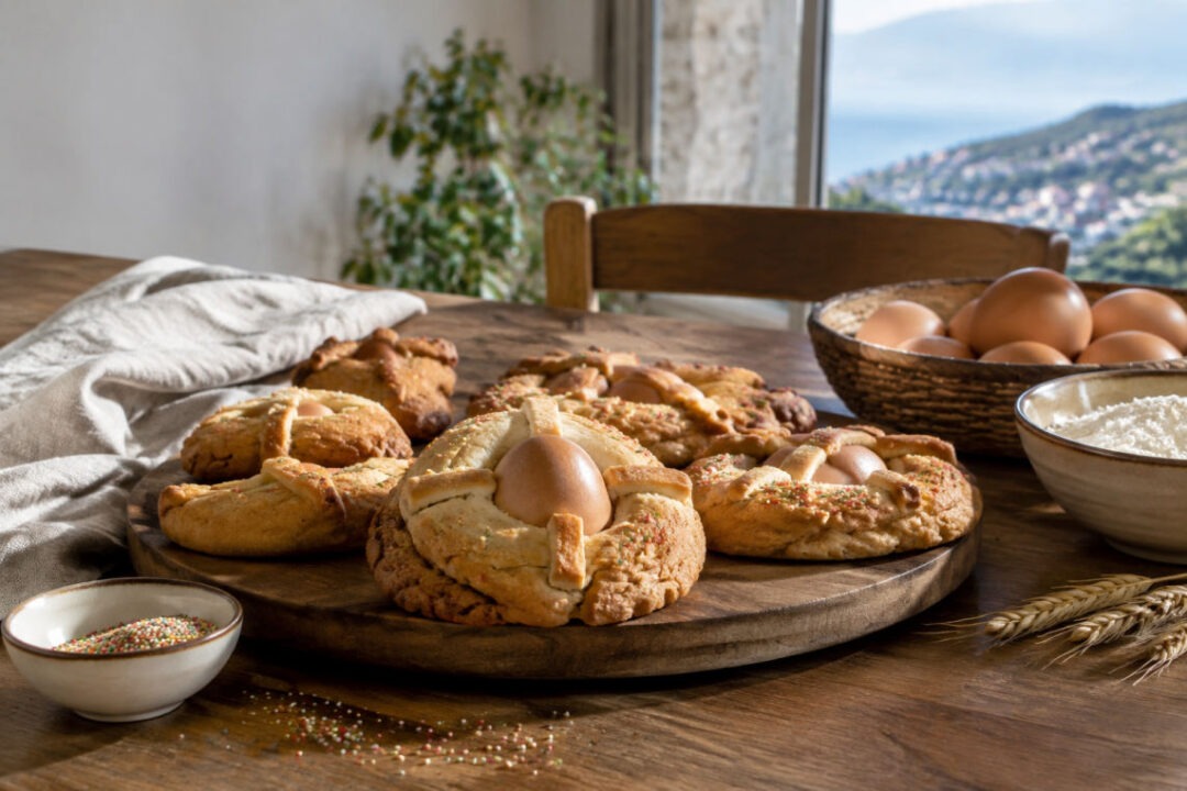 Cudduraci calabresi ricetta originale: le forme reggine e l'uovo intero su vassoio pasquale
