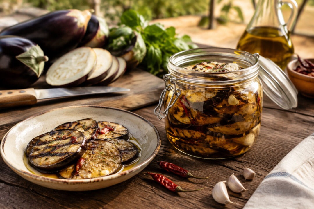 Barattolo di melanzane sott'olio ricetta tradizionale calabrese: taglio, pressatura e aceto