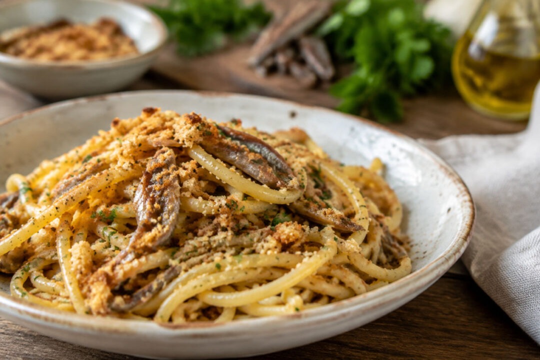 Piatto di pasta ca muddica calabrese ricetta: mollica tostata, alici e dosi