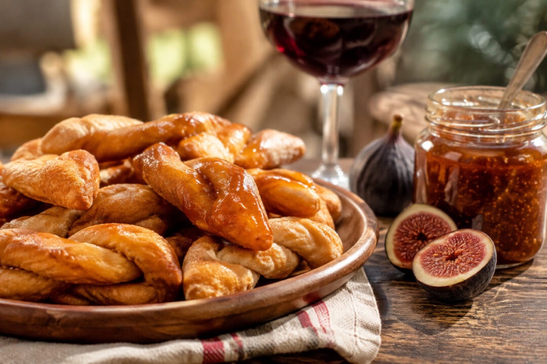 Turdilli calabresi ricetta originale: l'impasto al vino e il miele di fichi sul vassoio